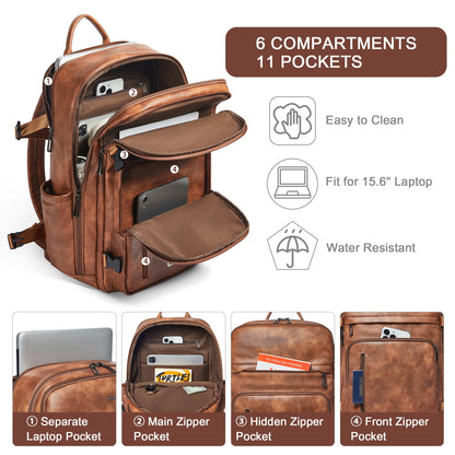 tiamyi Travel Backpack for Women and Men, Fits 17.0" Laptop, Stylish Lay-Flat Carry-on Vegan Leather Backpack with Luggage Strap for Travel and Daily Use