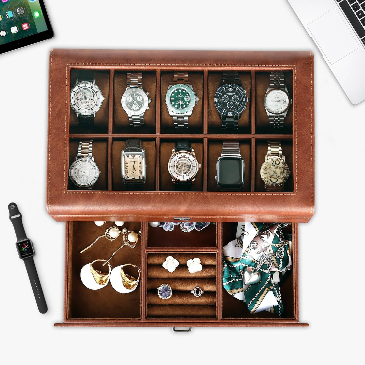 HELMDY Leather Watch Box with Drawer-10 Slots Locking Jewelry Watches Holder for Men-Luxury Watch Case Display Organizer-2 Tier Organizer Watch Showcase-Storage Case