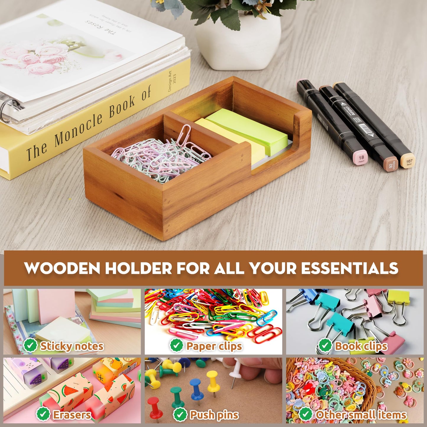 Demigo Wooden Sticky Note Holder for Desk – Solid Acacia Wood Organizer for 3x3 Note Pads, Paper Clips, Office Supplies – Compact Memo Pad Holder for Home Office, Teachers