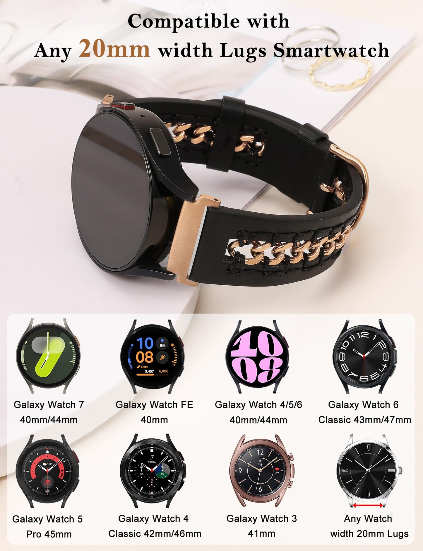 Minyee Leather Band Compatible with Samsung Galaxy Watch 7/6/5/4/FE/Active 2 40mm 44mm/Watch 6 Classic 43mm 47mm/Watch 5 Pro 45mm Bands, 20mm Dressy Leather Strap with Metal Chain, Black/Rose Gold