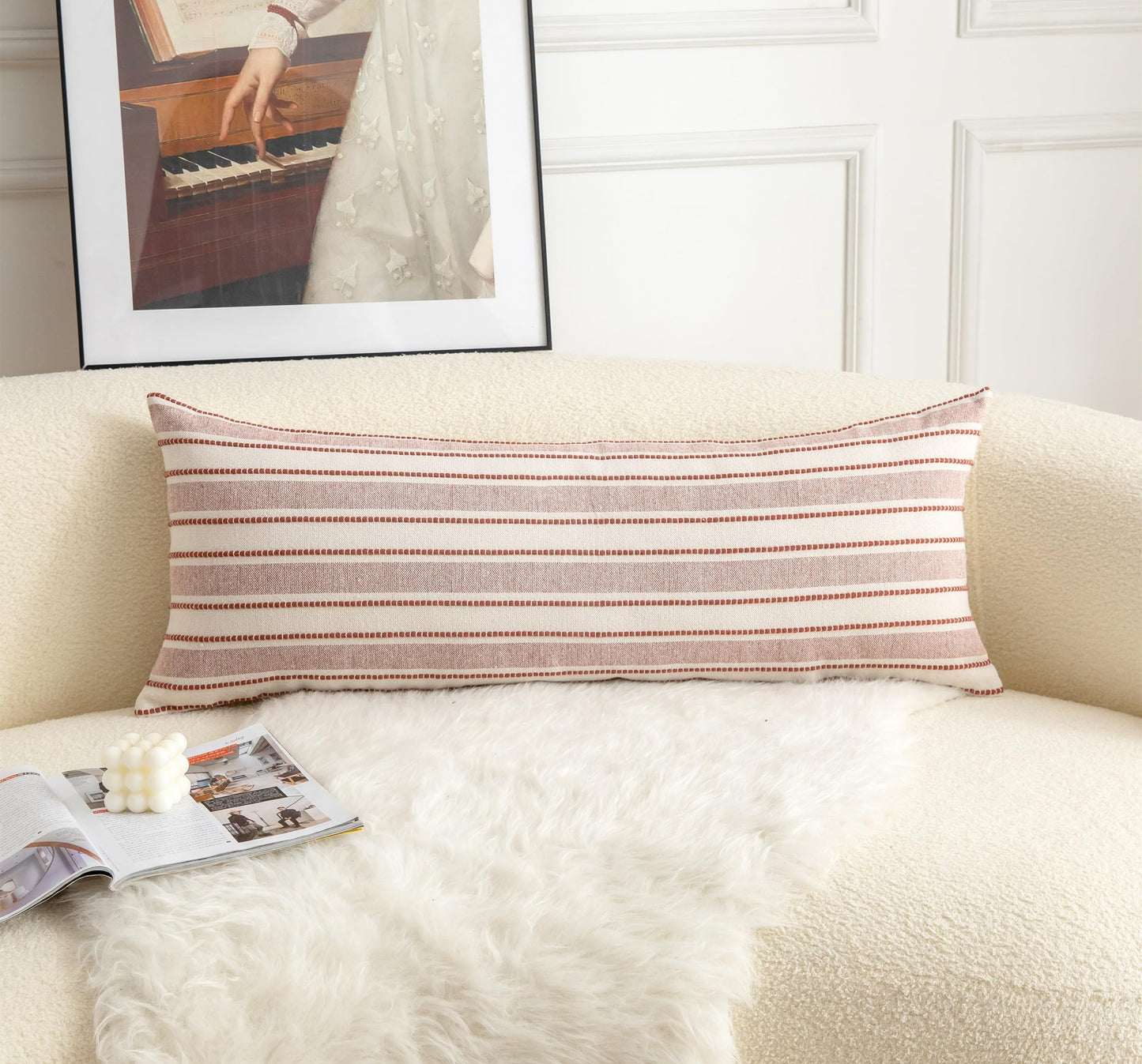 Cethom Decorative Boho Lumbar Pillow Covers, Modern Farmhouse Couch Pillowcase, 14 x 36 Long Accent Body Throw Pillow Covers, Sofa Bed Living Room Decor Cushion Case, Rust and Beige, Pack of 1