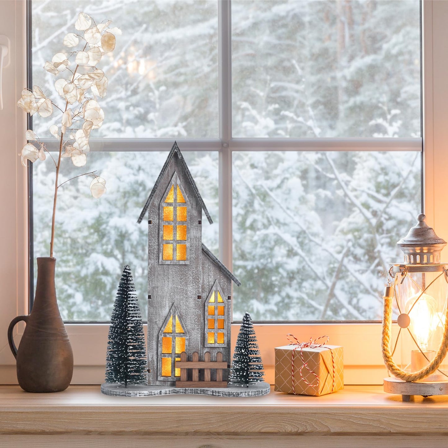 Wooden Christmas Village House with LED, Xmas Decor Indoor Tabletop Centerpiece with Tree, Lighted Christmas House Decor for Home Shelf Mantle, Winter Holiday Village Display (Style A)