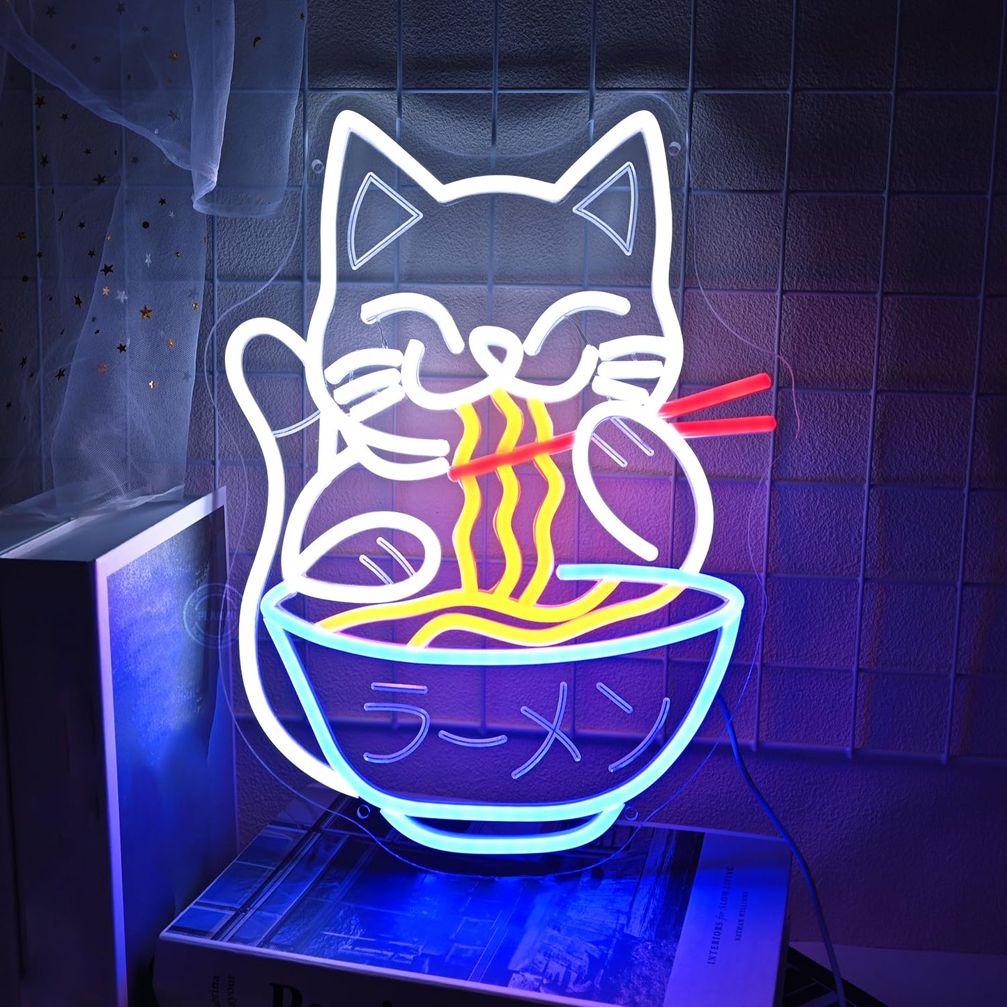 Planzo Cat Ramen Neon Sign Light Japanese Noodle Resturant Home Bar Pub Kitchen Dinning Room Cafe Shop Cut Cat USB Warm White 15.75"X11.8"