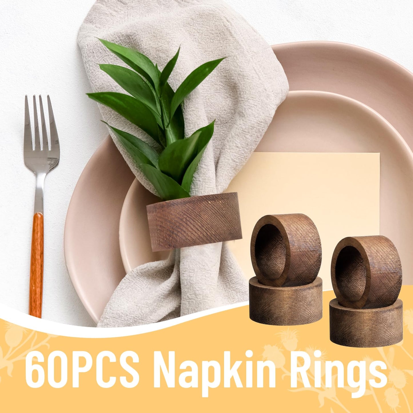 60pcs Wooden Napkin Rings, Handmade Dining Table Napkin Holder, Rustic Wood Napkin Holders Bulk for Weddings, Thanksgiving, Christmas & Events - 2 Inch, Brown