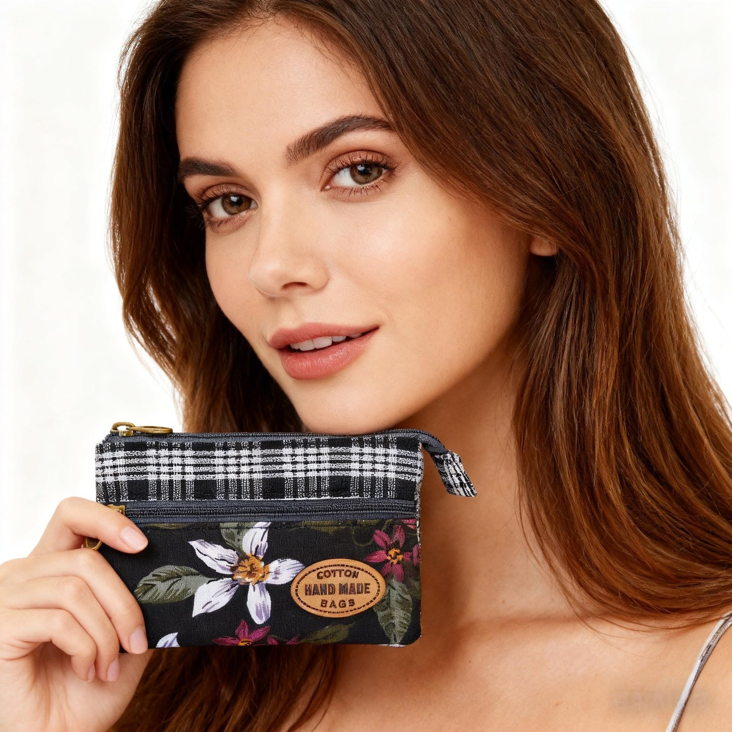 GUXL Women Small Zipper Coin Purse, Handmade Fabric Flower Embroidered Change Pouch, Cotton Double Zipper Wallet