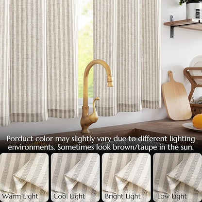 jinchan Tab Top Linen Kitchen Curtains 24 Inches Striped Tier Curtains Farmhouse Modern Cafe Style Small Window Treatments Airy Light Filtering Rod Pocket for Living Room Bathroom 2 Panels Taupe Grey