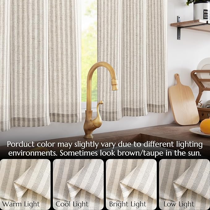 jinchan Tab Top Linen Kitchen Curtains 36 Inches Striped Tier Curtains Farmhouse Modern Cafe Style Small Window Treatments Airy Light Filtering Rod Pocket for Living Room Bathroom 2 Panels Taupe Grey