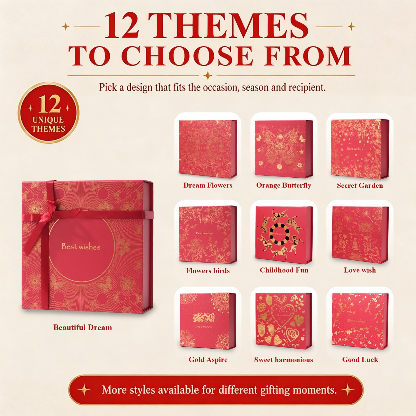 Amalee Gift Box with Lid 12x12x4 Inches, Large Red Magnetic Box Set with Gift Bag, Card, Ribbon & Tissue Paper, No Glue Needed Packaging for Bridesmaid Proposal, Wedding, Birthday Party