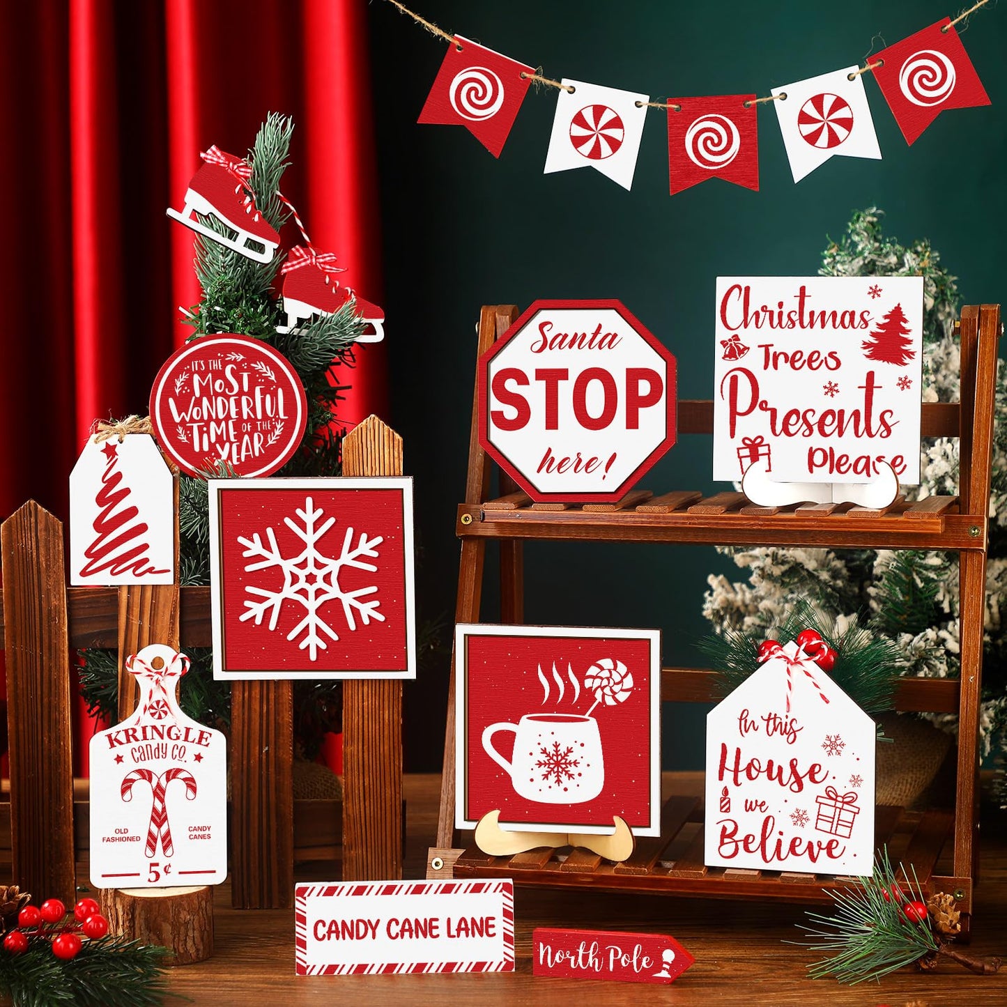 FairySandy 15 Pcs Christmas Tiered Tray Decor Rustic Christmas Decorations Candy Hot Cocoa Snowflake Wood Sign Xmas Tiered Tray Winter Farmhouse Rustic Table Decor for New Year Home Shelf Tabletop