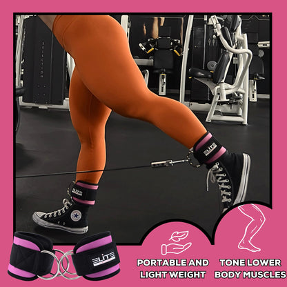 Elite Athletics Ankle Strap for Cable Machine, Gym Ankle Cuff for Cable Kickback, plus Wrist Lifting Straps for Weightlifting, Deadlift and Carry Bag (Pink)