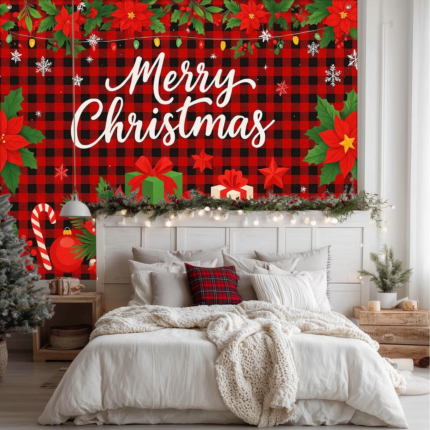HOMETITUTE Red Black Plaid Merry Christmas Backdrop 8×6ft Holiday Photo Background Buffalo Check Party Decoration Banner with Gifts Poinsettia Greenery and Snowflakes
