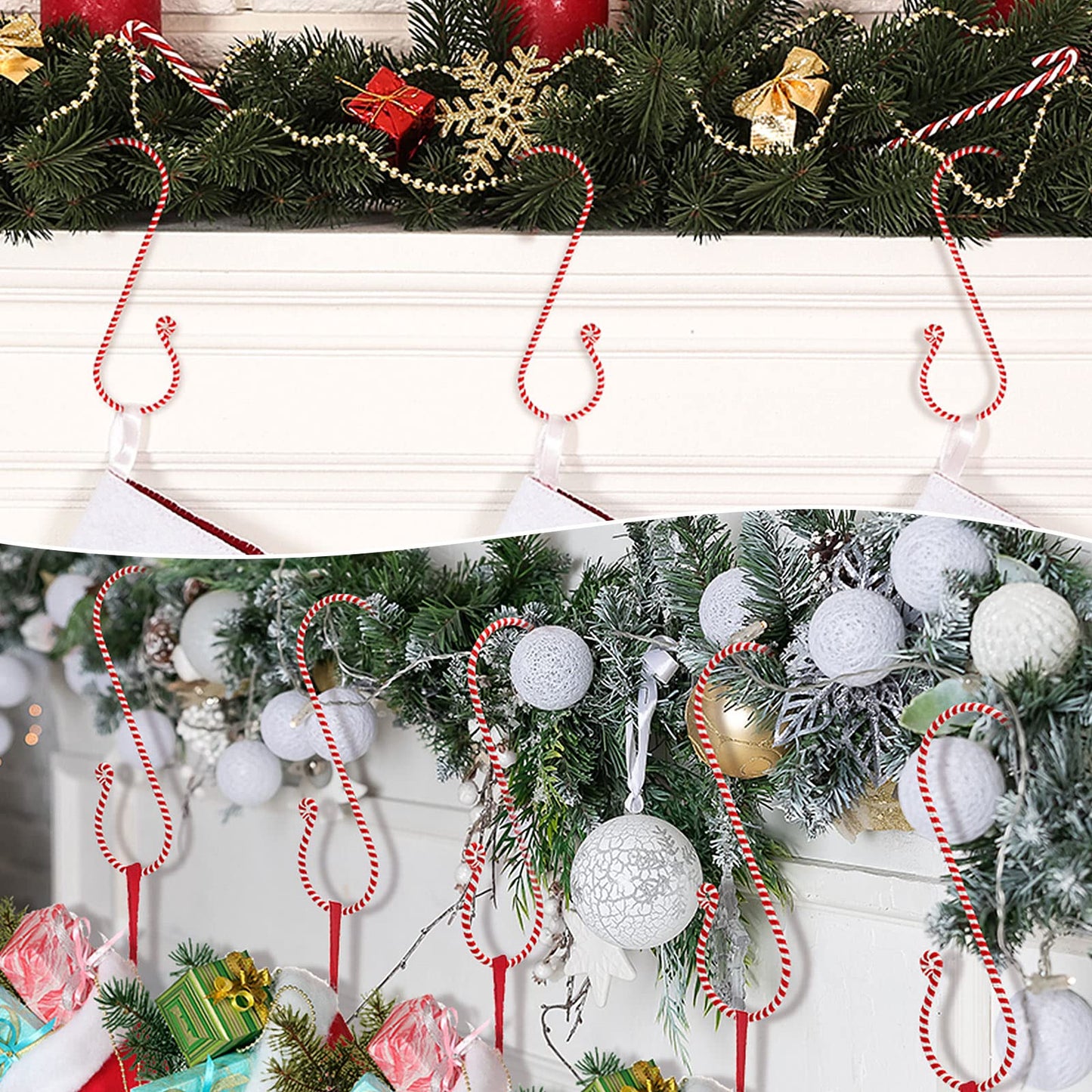 4 Pieces Candy Cane Stocking Holder Christmas Stocking Holders Mantel Hooks Hanger Red and White Xmas Hang Grip Supplies for Christmas Tree Fireplace Party Decoration