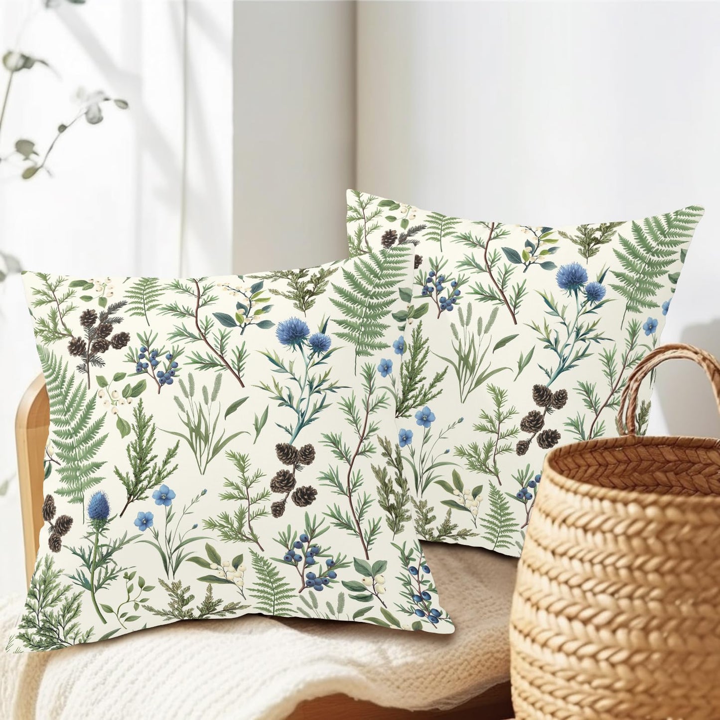 Barneova Spring Summer Pillow Covers 22x22 Inch Set of 2 Green Floral Botanical Decorative Outdoor Throw Pillows Farmhouse Flower Pillowcases Cotton Linen Cushion Covers for Couch Sofa Bed Home Decor