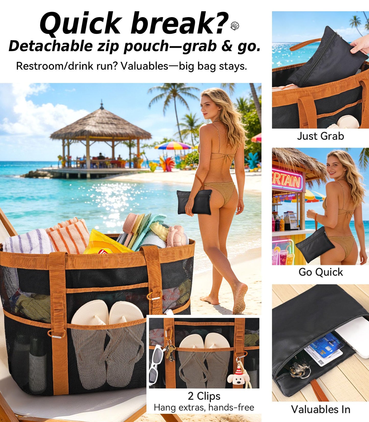 Yeendibo Chic & Spacious XX-Large Beach Bag for Women — 2026 Mesh × Canvas Tote with Top Zipper, 11 Pockets, Detachable Pouch, Foldable, 2 Carabiners