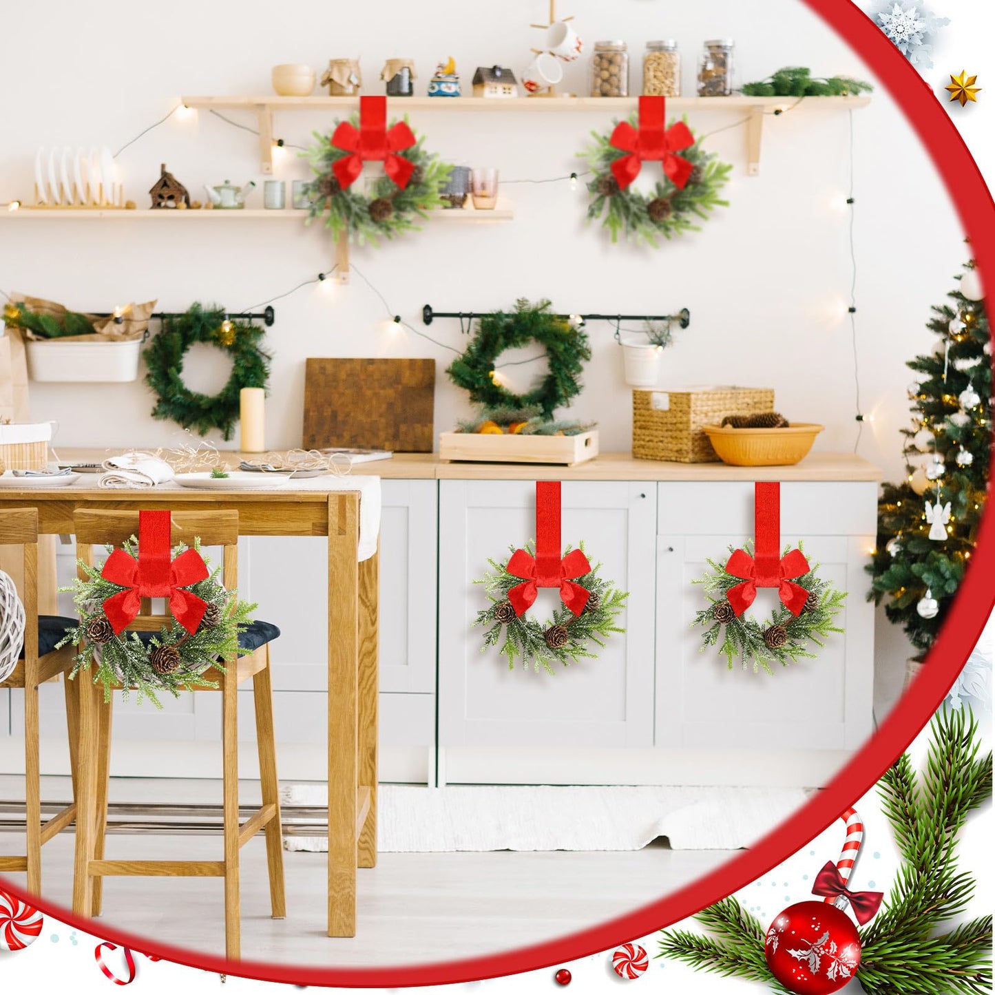 Dingion 6 Pcs 6 Inch Christmas Mini Cabinet Wreaths for Kitchen with Ribbon Bows Norfolk Pine Small Window Wreaths Garland for Door Window Farmhouse Christmas Party Decorations