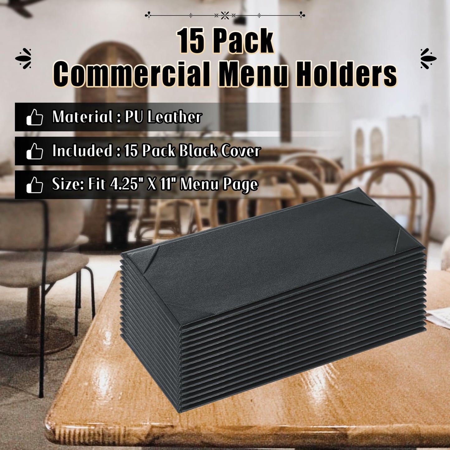 FLKQC 15 Pack Restaurant Menu Covers Holders 4.25" X 11", Single View Synthetic Leather Menu Holder Covers Book Style with Angled Corners Black for Wine List, Morning Menu, Wine Menu (15, 1 Page)