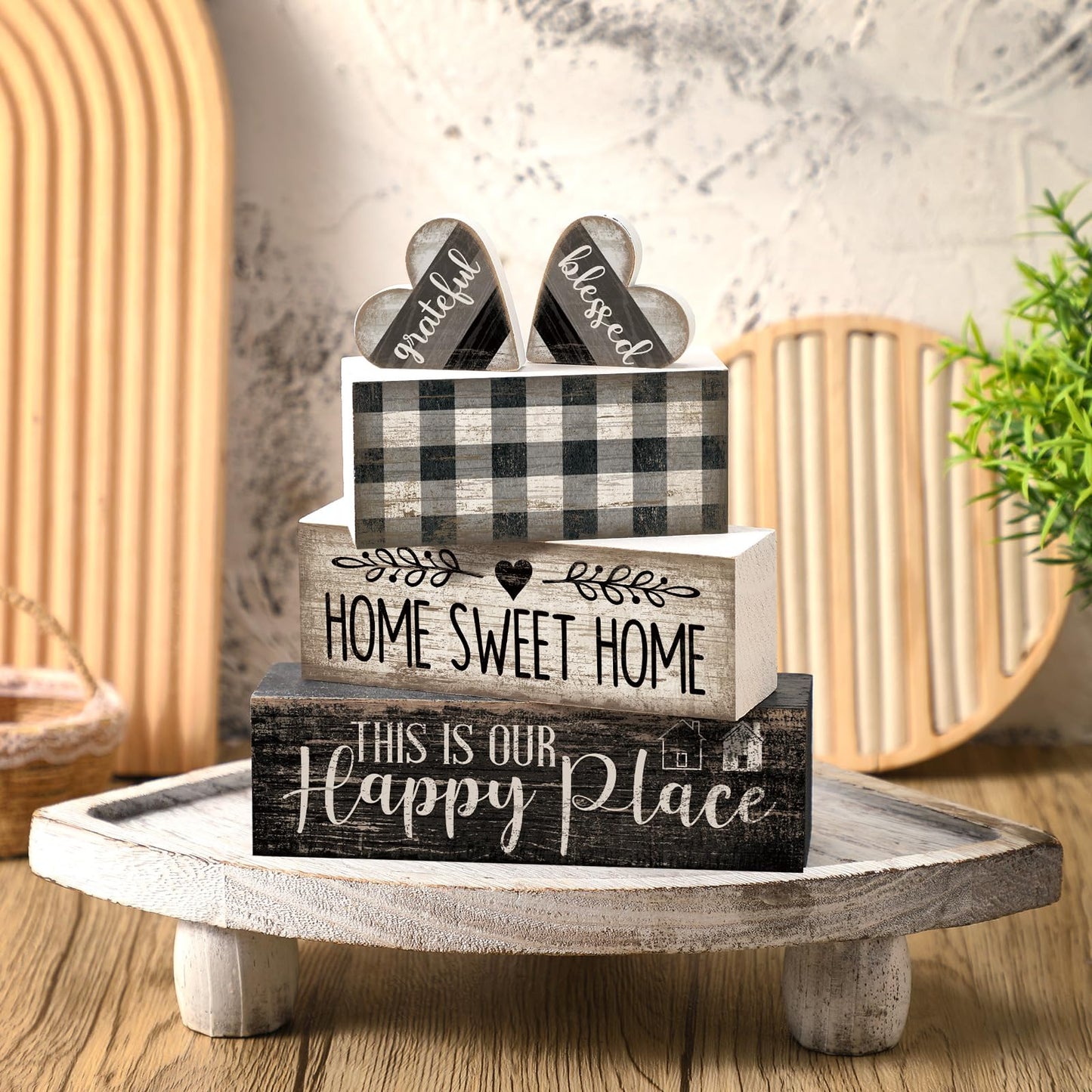 Moucuny 4 Pcs Farmhouse Kitchen Decor Black and White Farmhouse Tiered Tray Decor Home Sweet Home Centerpiece Wooden Heart Rustic Valentines Day Block Sign for Kitchen Shelf Valentines Gift Decoration