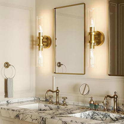 Wall Sconces Set of Two, ETL Certified, Gold Bathroom Wall Sconces with Clear Glass Modern Hardwired Wall Light fixtures for Bathroom Mirror Living Room Entryway Hallway(Bulbs Not Include)