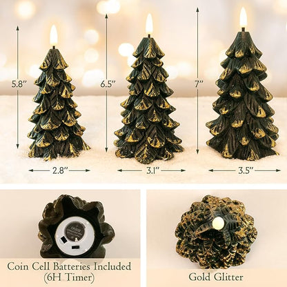 Green Christmas Tree Shaped Flickering Flameless LED Candles with Timer, Real Wax Battery Operated, Set of 3