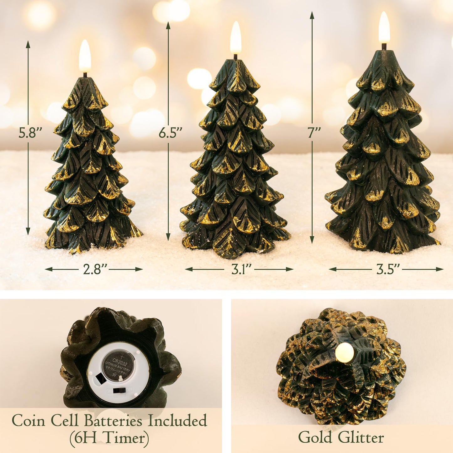 Yongmao Green Christmas Tree Shaped Flickering Flameless LED Candles with Timer, Real Wax Battery Operated, Set of 3