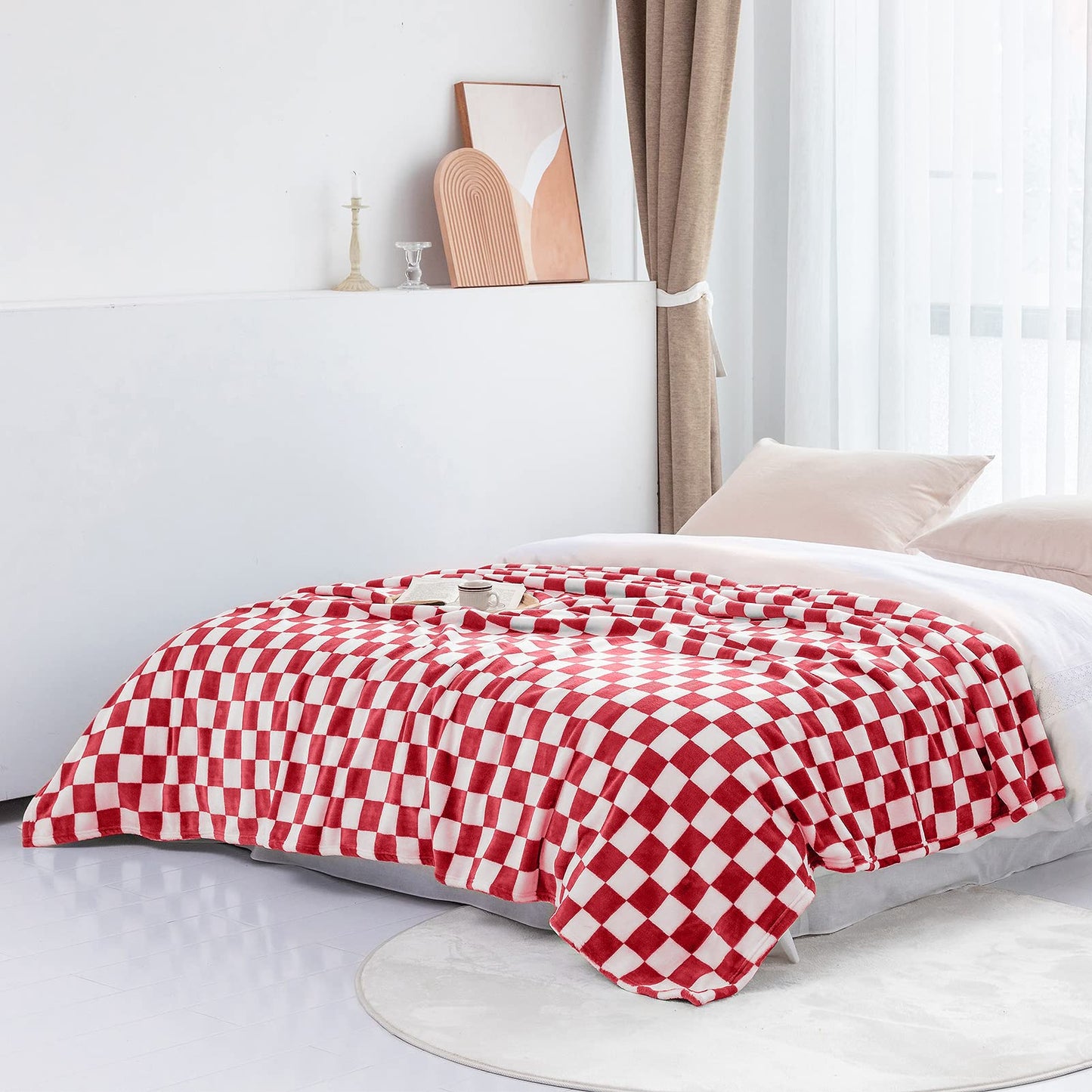 LOMAO Throw Blankets Flannel Blanket with Checkerboard Grid Pattern Soft Throw Blanket for Couch, Bed, Sofa Luxurious Warm and Cozy for All Seasons (Red, 40"x60")