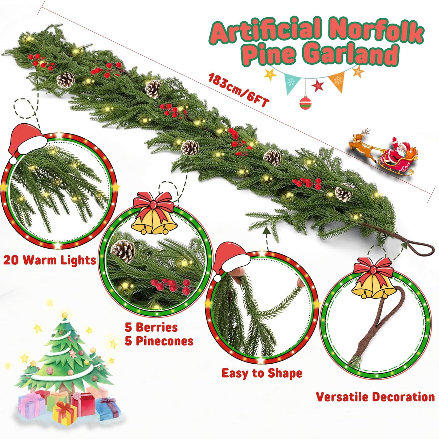 6FT Norfolk Pine Garland with Light for Christmas Decoration, Artificial Christmas Garland Without Chemical Scent, Real Touch Cedar Garland for Mantle,Table, Fireplace, Wall and Outdoor Decoration