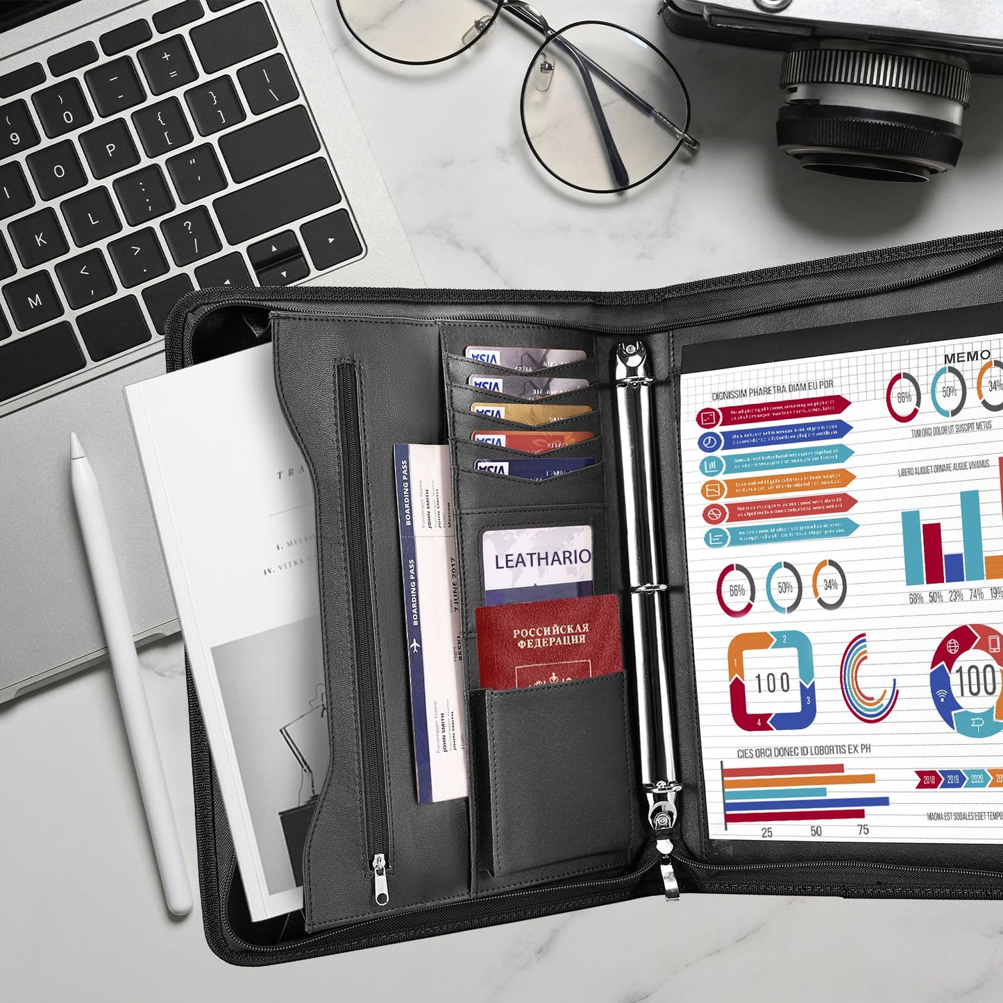 Leathario Portfolio Binder, Includes 10 Sheet Protectors and 3 Notepads, 3-Ring Folder Organizer, A4 Padfolio with Zipper, Vegan Leather Tablet Sleeve, Business Office Conference Clipboards