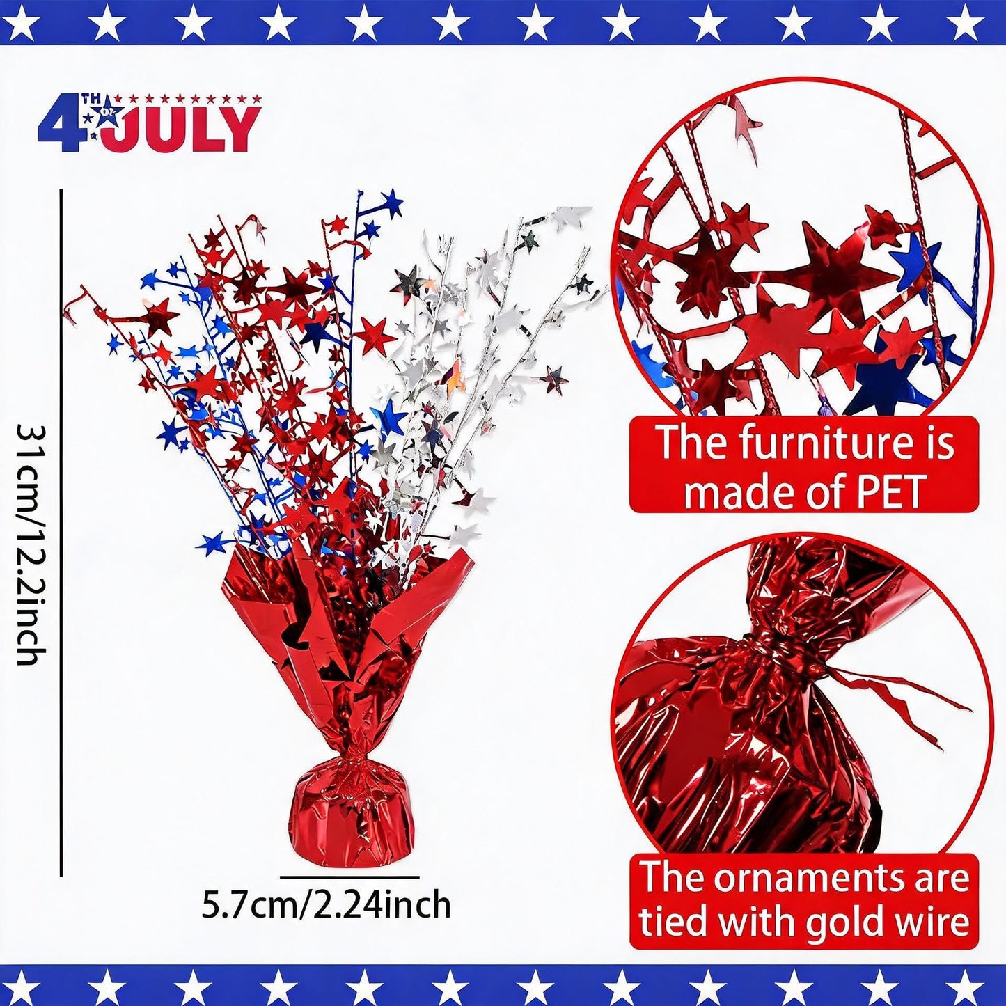 6 Pack 4th of July Table Centerpiece Decoration, Metallic Foil Spray Star Burst Patriotic Decor for 250th Anniversary Independence Day, Holiday Memorial Day Party Supplies Decor (Silver&Blue&Red)