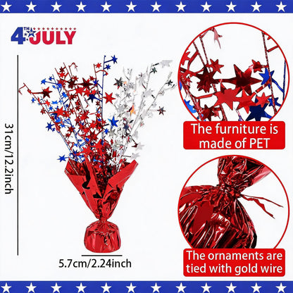 6 Pack 4th of July Table Centerpiece Decoration, Metallic Foil Spray Star Burst Patriotic Decor for 250th Anniversary Independence Day, Holiday Memorial Day Party Supplies Decor (Silver&Blue&Red)