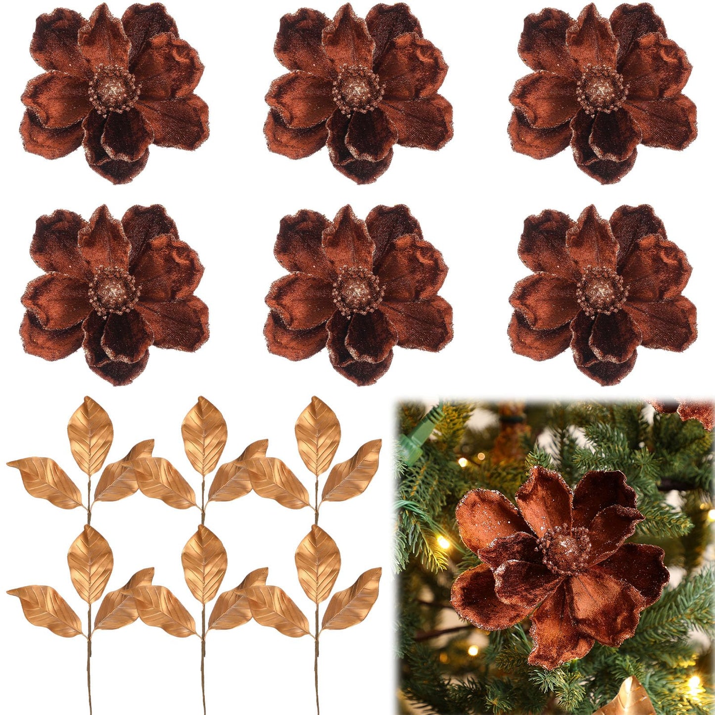 Thiccywoov 12 Pcs Christmas Magnolia Picks Set 6 Magnolia Flower 6 Golden Leaves Picks Glitter Artificial Flower for Christmas Tree Wreath Decor Floral Ornaments for Xmas Party Holiday(Brown)