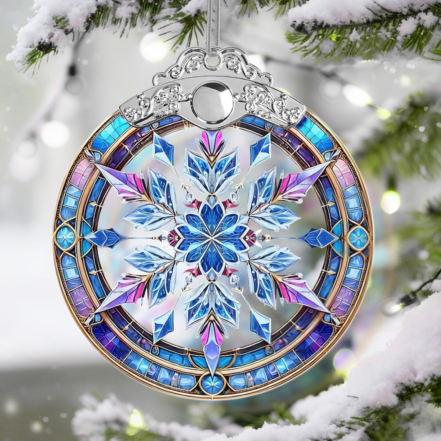 Stained Glass Snowflake Ornament, Snowflake Christmas Tree Ornaments Xmas Decorations, Holiday and Xmas Presents
