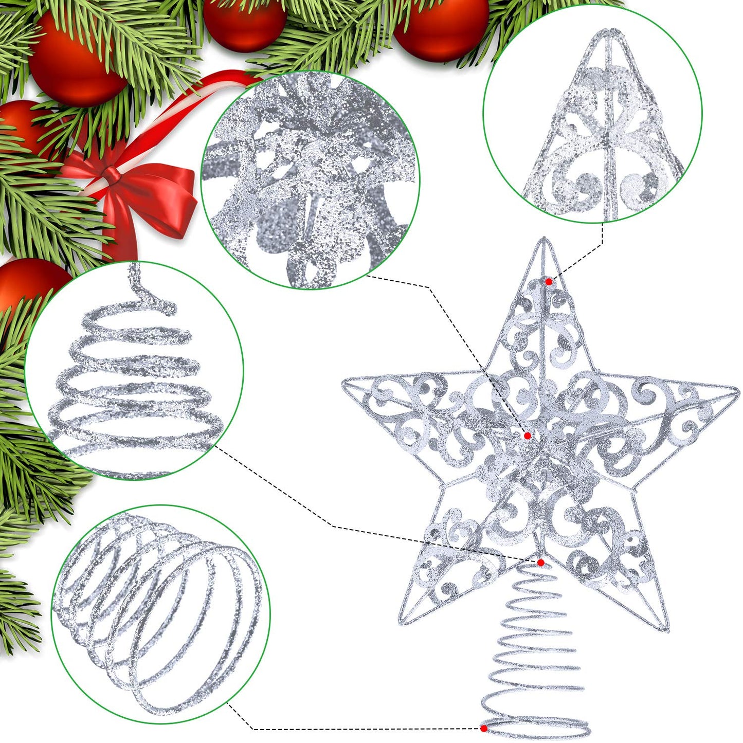 Blulu Christmas Star Tree Topper 10 Inch Glittered 3D Metal Star Treetop Topper Christmas Hollow Sequin Tree Decoration for Xmas Holiday Party Decoration Indoor(Silver)