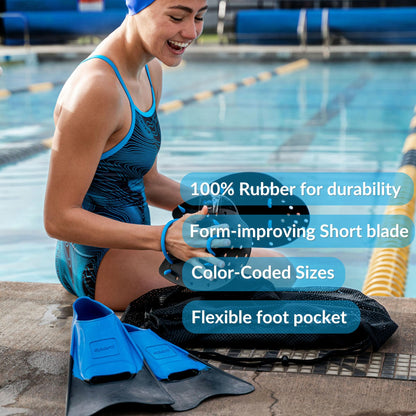 Sporti Adult-Kids Short Swim Fins, Floating Fin for Swimming & Snorkeling, Swim Flippers for Training - Blue/Blue - M 13-14 / W 14-15
