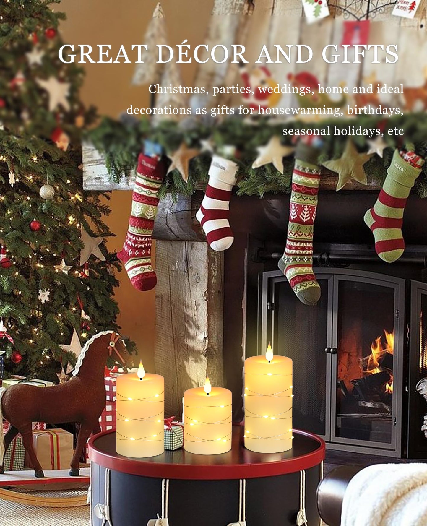 Da by 3 Pack Ivory Real Wax Flameless Taper Candles, Lifelike Flickering LED Flame Candles with Surrounding Fairy String Lights, Soft Warm Battery Candles with Remote for Home Wedding Holiday Decor