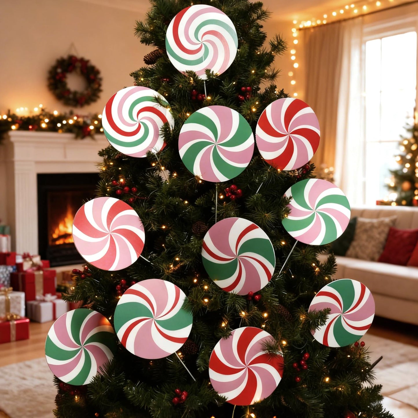 12Pcs Large Candy Christmas Tree Decorations Peppermint Lollipop Christmas Picks for Tree, 7.87" Pink and Red Candy Ornaments, Plastic Candyland Tree Topper for Xmas Holiday Party Vase Decor