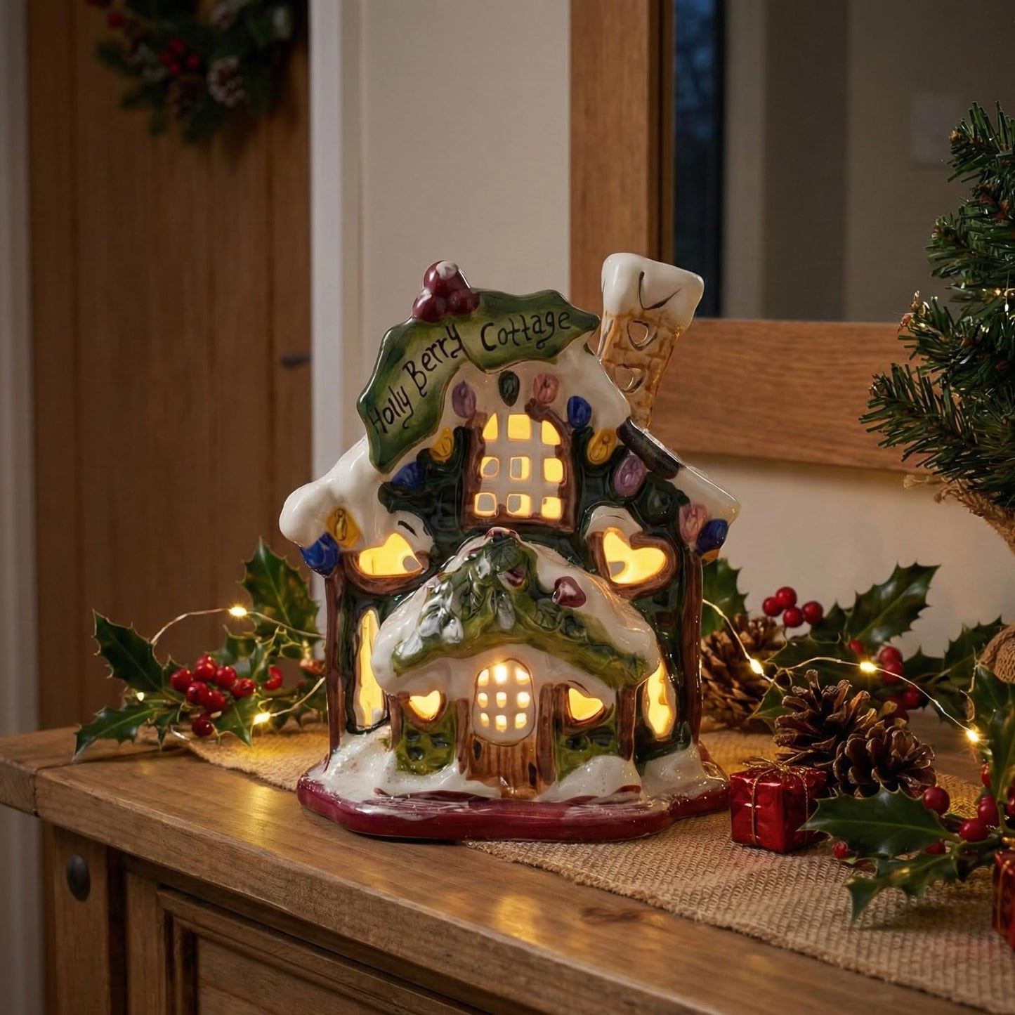 Blue Sky Ceramics Holly Berry Cottage Candle House, Multi (995458)