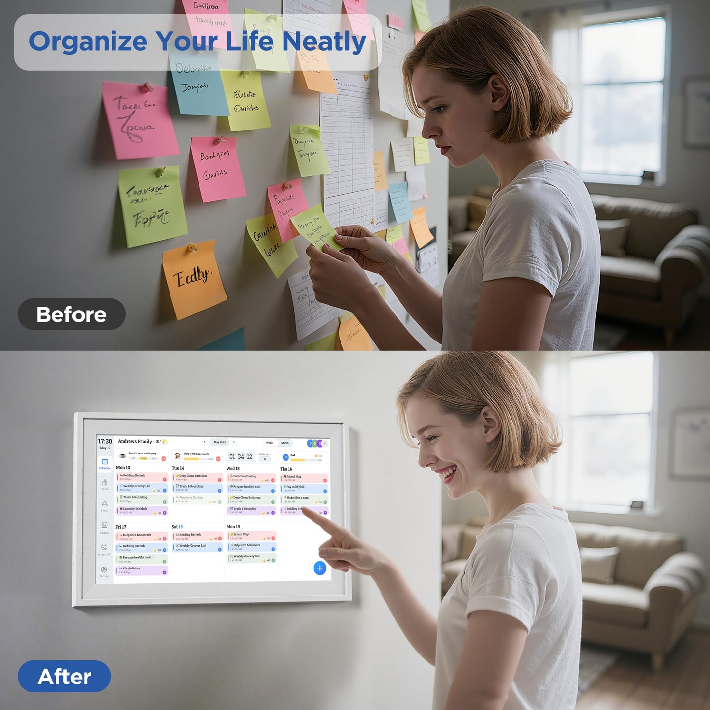 MVOWN 15.6 Inch Digital Calendar Chore Chart 1920 * 1080P Full HD Touchscreen Interactive Display Smart Electronic Calendar for Family Organizer Schedules Desk & Wall Mount Digital Planner White