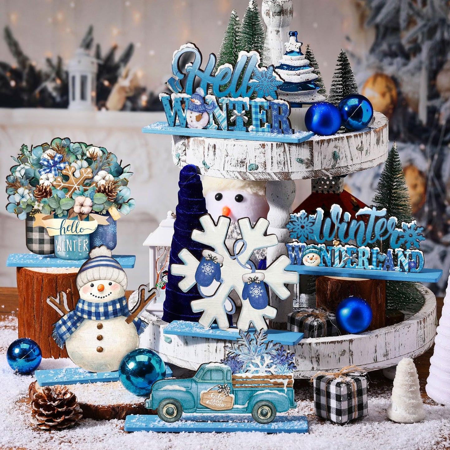 Realspring 6 Pcs Winter Table Decorations Winter Wooden Wonderland Snowflake Snowman Table Centerpieces Blue Christmas Tabletop Signs Rustic Farmhouse Desk Topper for Party Office Decor Supplies