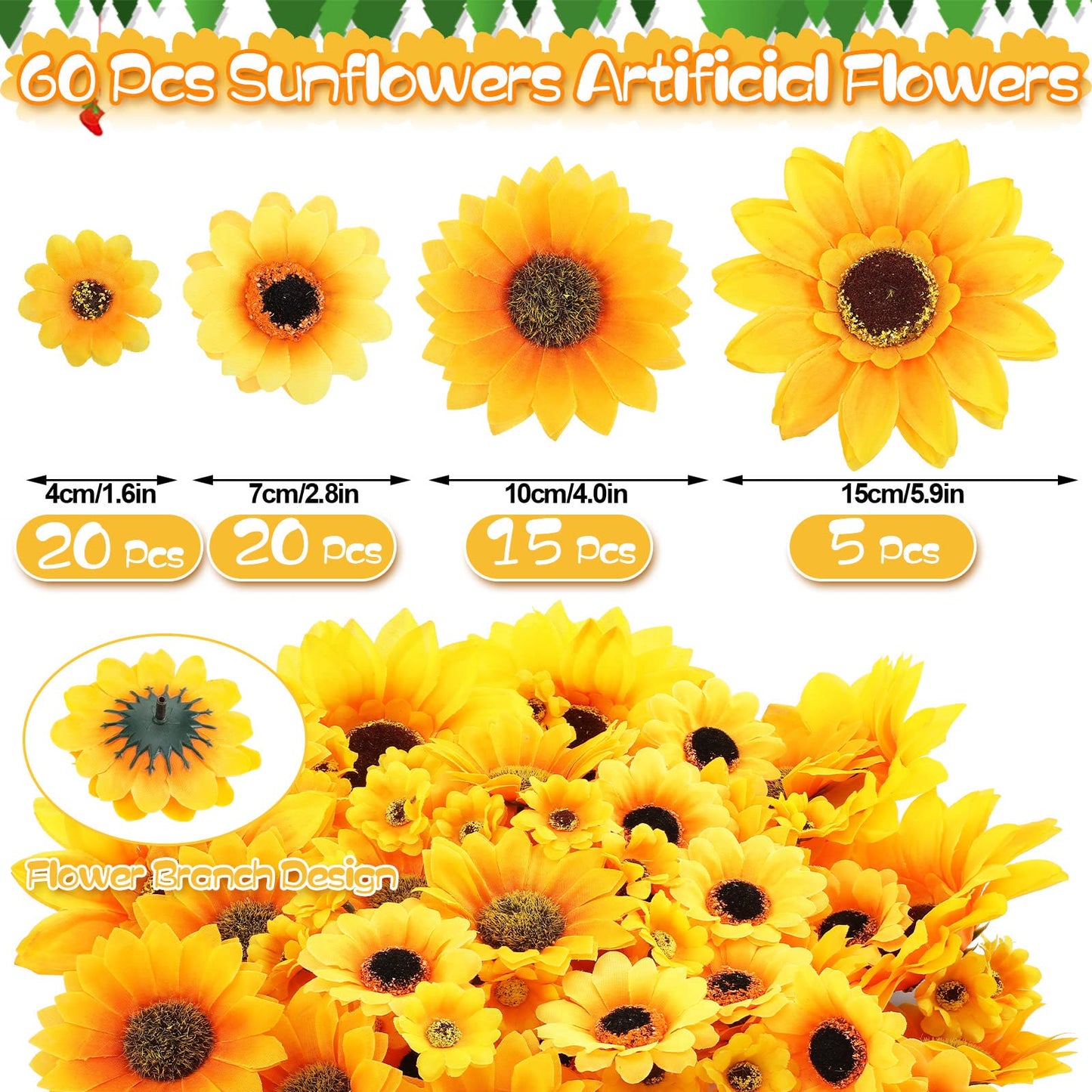 Jetec 60 Pieces Artificial Sunflower Heads with 80 LEDs String Light and Bow, Christmas Sunflower Tree Decoration Kit Yellow Artificial Floral Ornaments for Christmas Tree Home Fireplace Party Decor