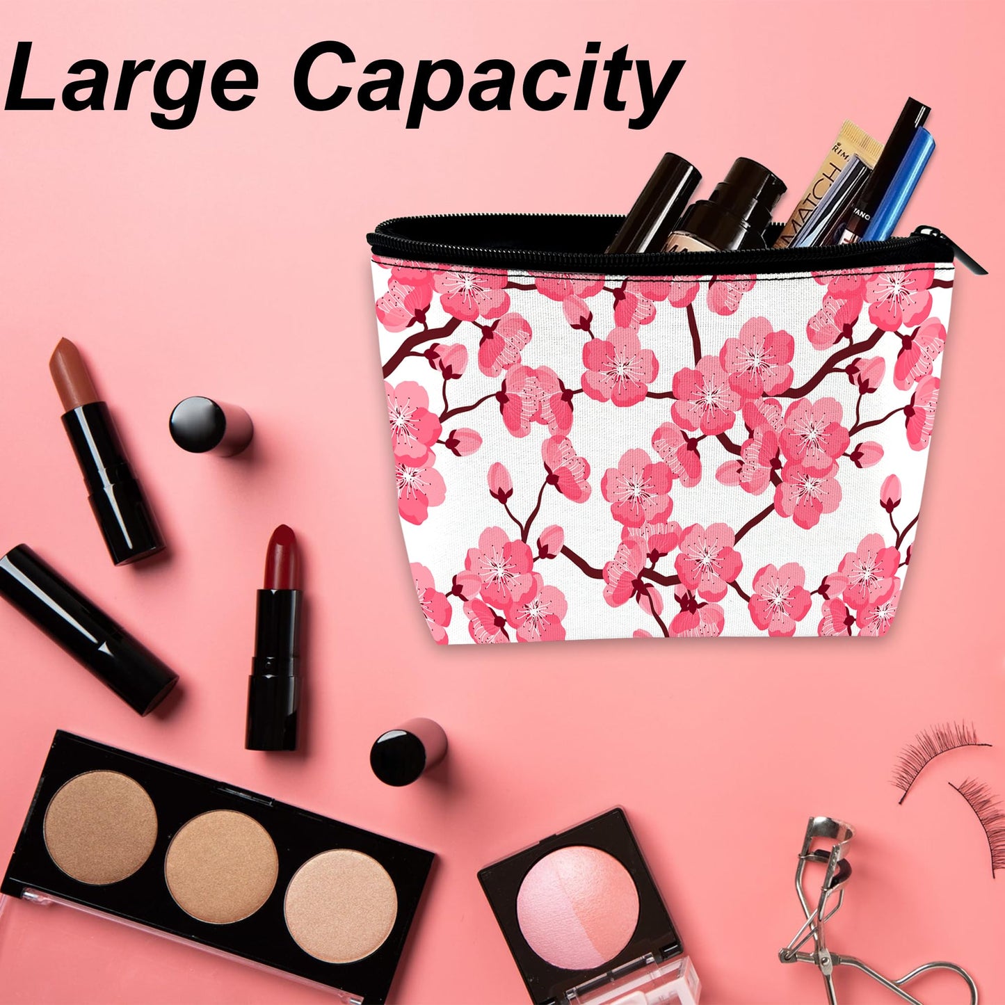 DEMACYA Cherry Blossom Makeup Bag for Purse, Waterproof Funny Japanese Pink Sakura Cosmetic Bag for Women, Zipper Travel Pouch Gift 9.5×5.9 Inch