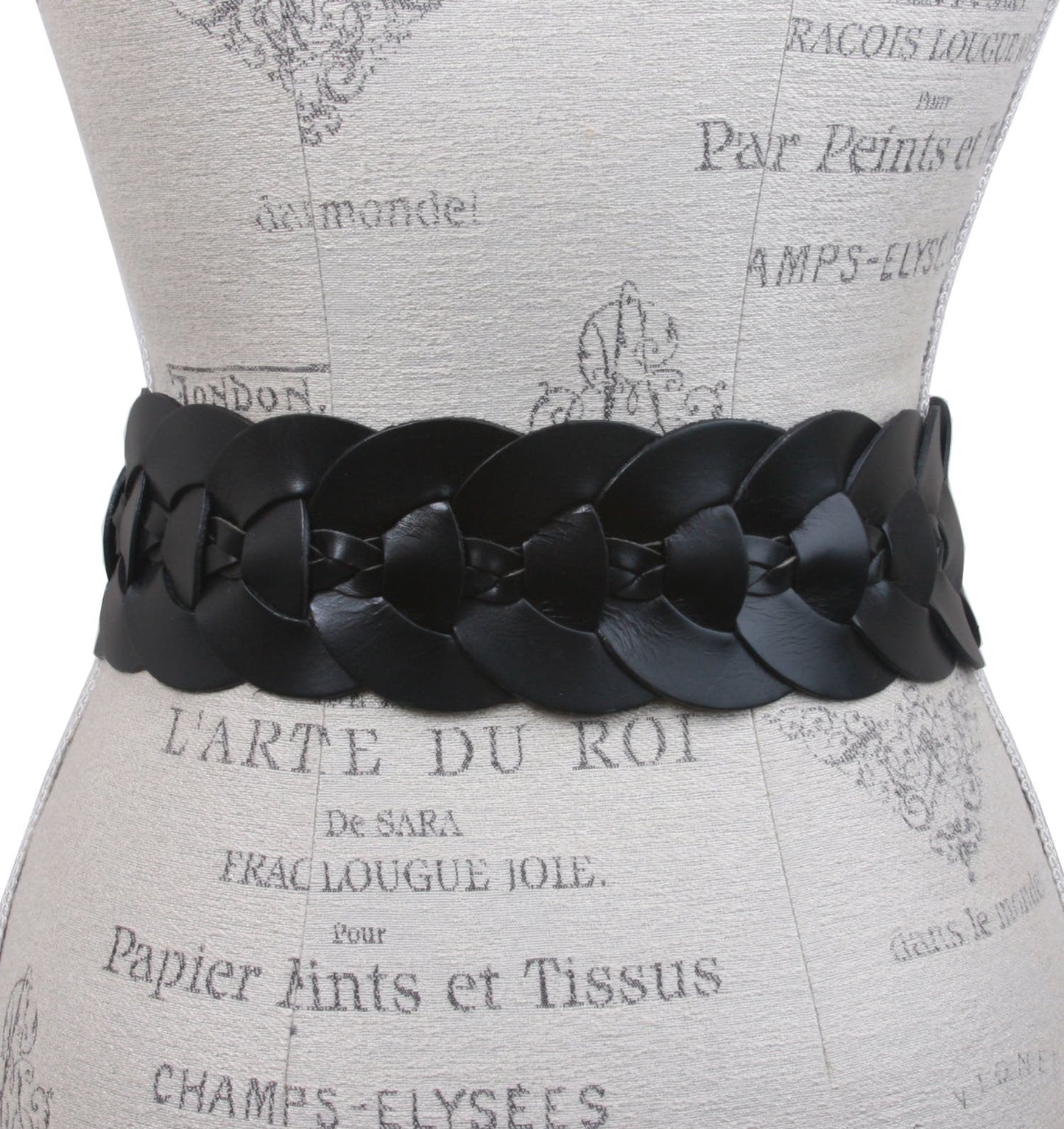Beltiscool Ladies 3" (75 mm) Wide High Waist Round Disk Linked Braided Cowhide Top Full Grain Leather Belt, Black | 37"