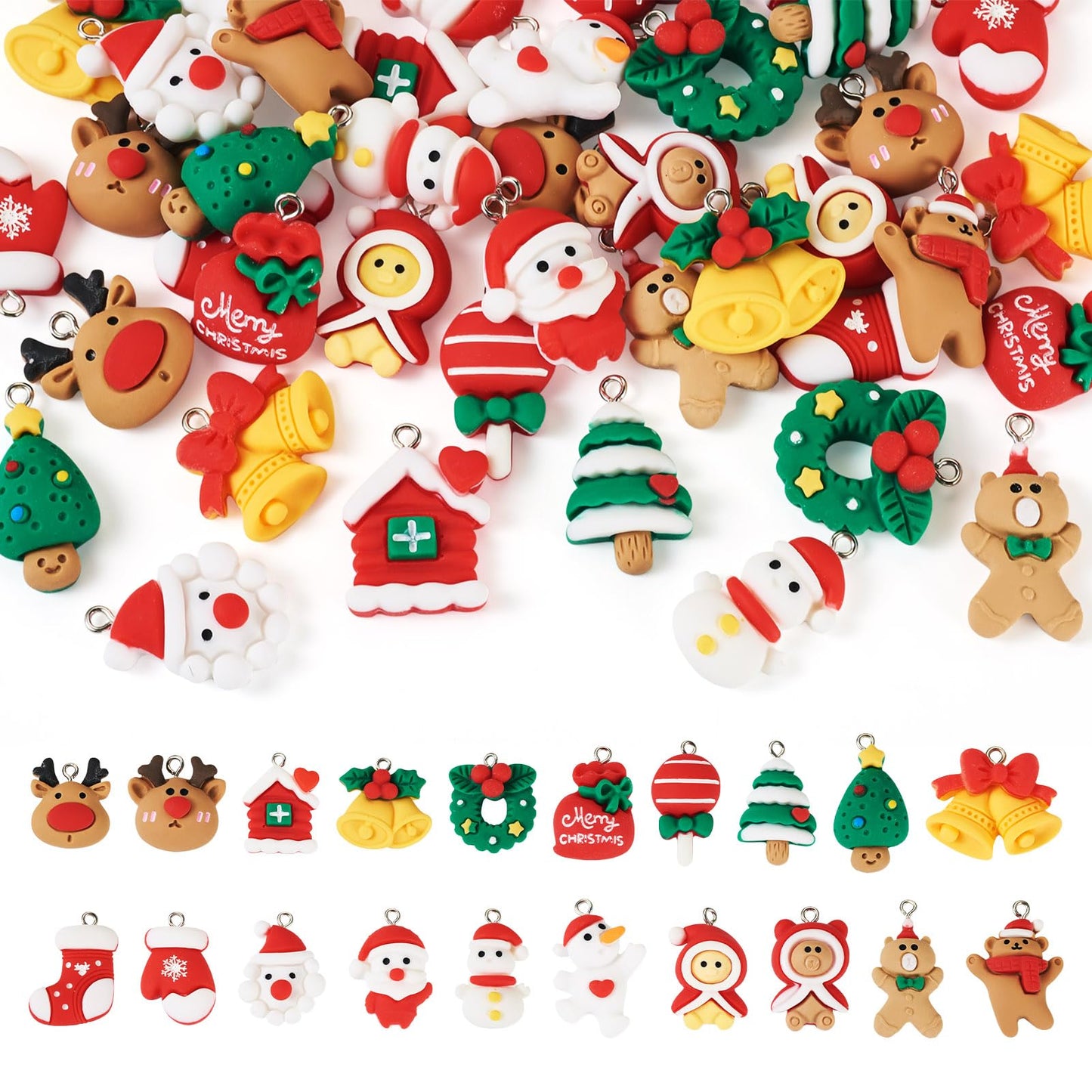 Cheriswelry 40Pcs Christmas Resin Charms for Crafts Santa Claus Snowman Deer Jingle Bell Pendants Ornaments 21-30mm for Xmas Home Party Decoration Necklace Earring Bracelet Making