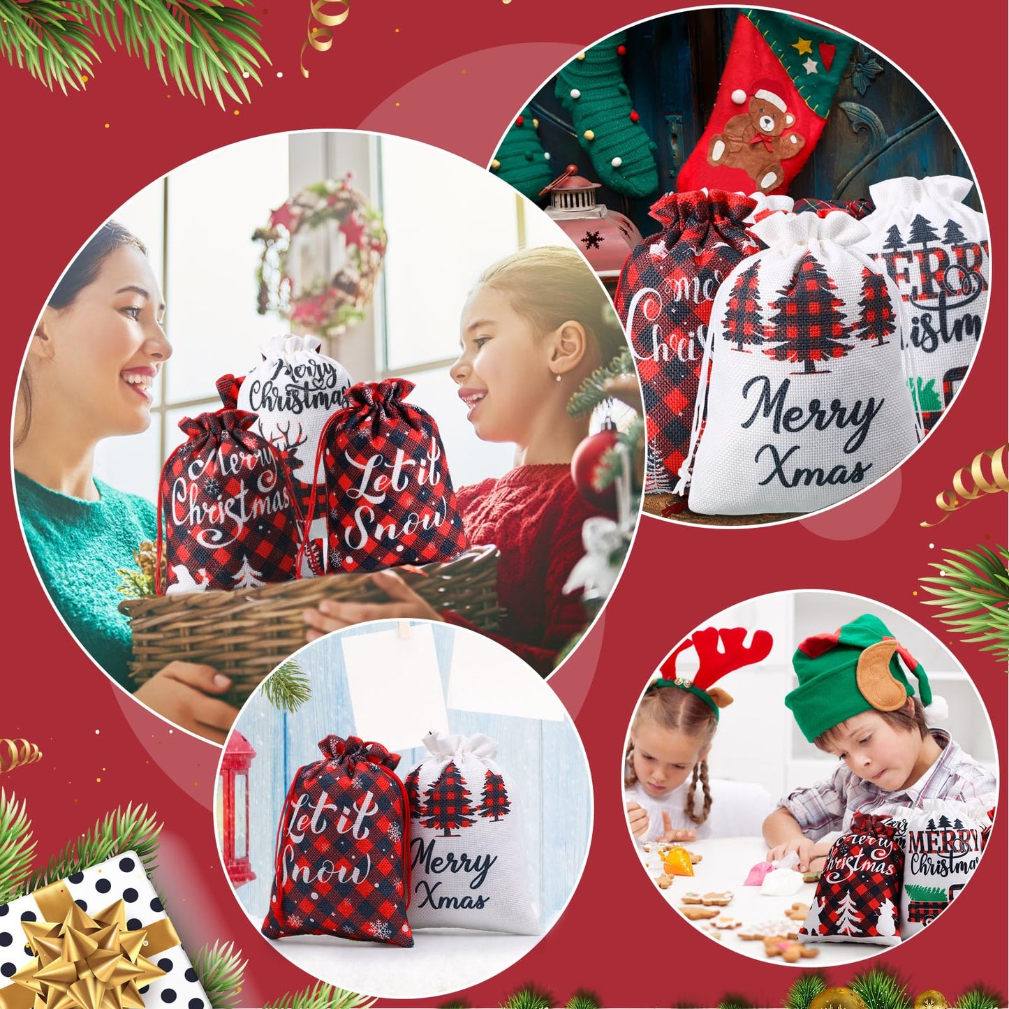 Shappy 16 Pcs Christmas Burlap Bags with Drawstrings, 6 x 8in Small Christmas Gift Bags Baskets for Xmas Presents Holiday Party Favors Supplies, Mini Linen Treats Candy Sacks(Buffalo Plaid)