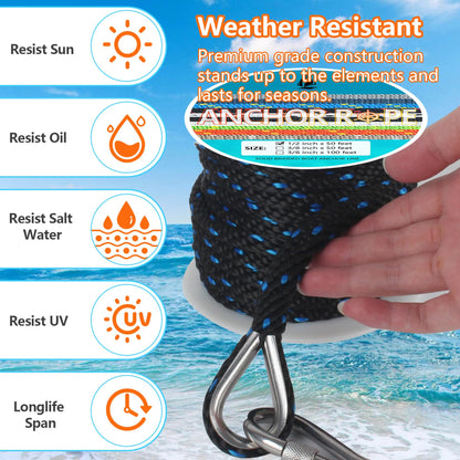 1/2 Inch 50 FT Anchor Rope, Boat Anchor Rope Solid Braid MFP, Anchor Line with 316 Stainless Steel Thimble and Snap Hook - Black & Lake Blue