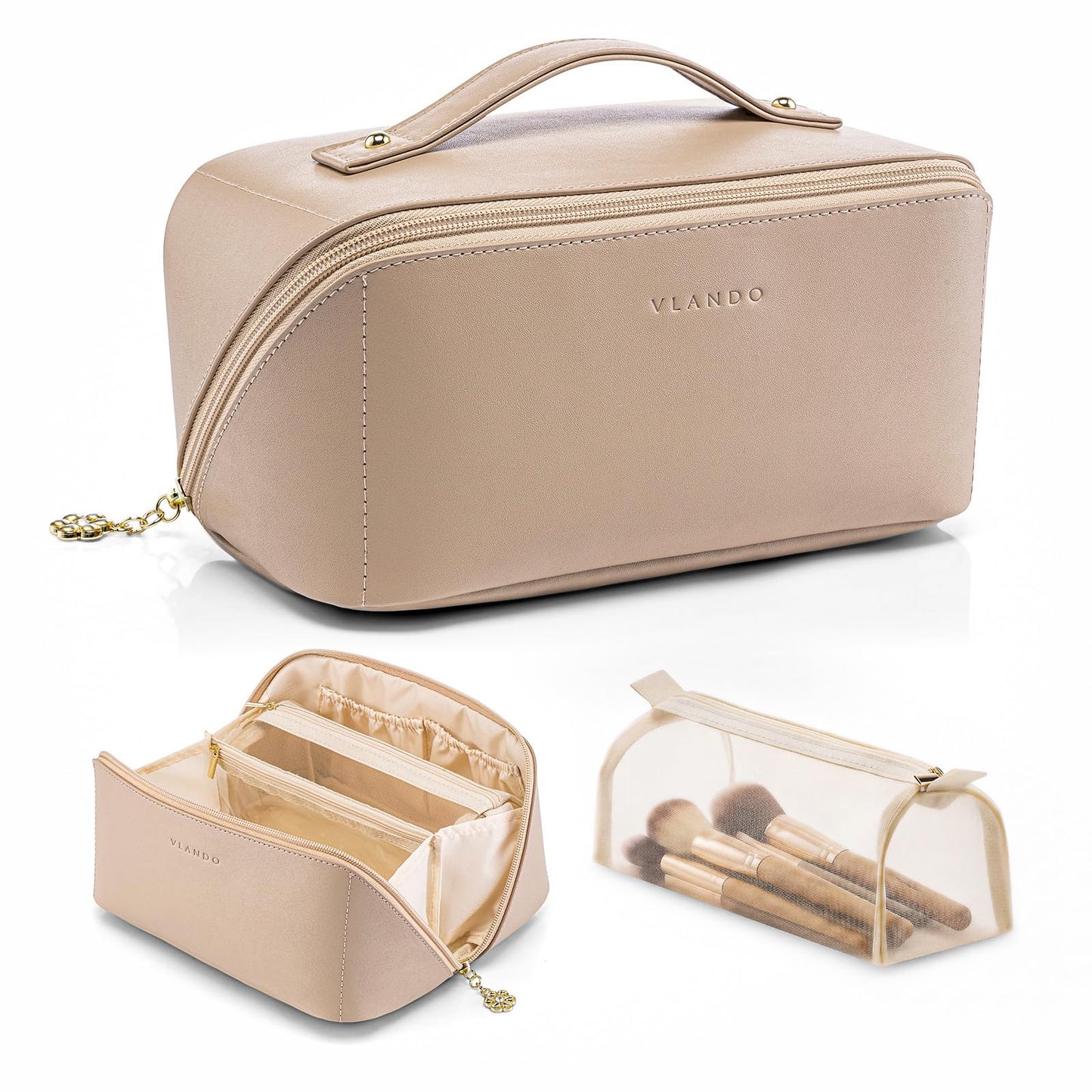 VLANDO Makeup Bag,Travel Toiletry Bag,Cosmetic Bag for Women PU Leather Portable Make up Bag for Skincare, Brushes & Travel Essentials-Toffee
