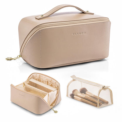 VLANDO Makeup Bag,Travel Toiletry Bag,Cosmetic Bag for Women PU Leather Portable Make up Bag for Skincare, Brushes & Travel Essentials-Toffee