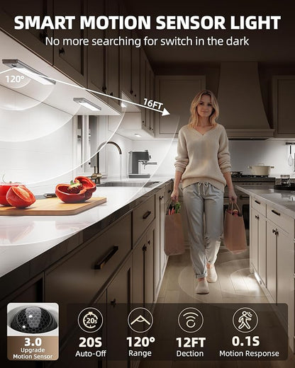 EZVALO 3 Pack Under Cabinet Lighting, 3200mAh Rechargeable Motion Sensor Light, 12inch Magnetic Closet Lights with Dimmable & 3 Color Temps, Wireless Motion Activated Lights with Remote for Kitchen