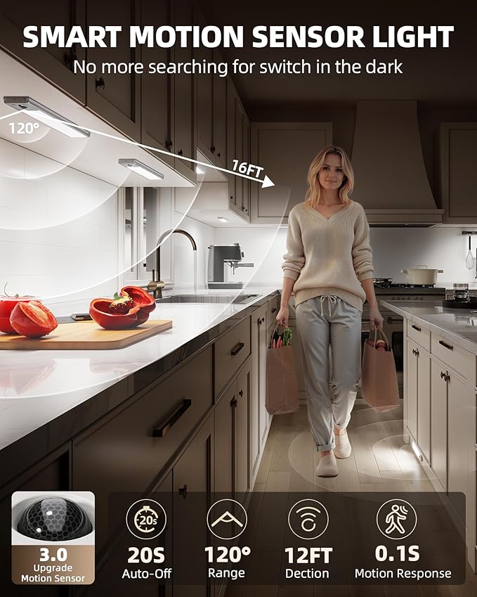 EZVALO 3 Pack Under Cabinet Lighting, 4000mAh Rechargeable Motion Sensor Light, 16inch Magnetic Closet Lights with Dimmable & 3 Color Temps, Wireless Motion Activated Lights with Remote for Kitchen