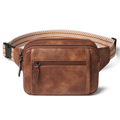 LATMAP 3L TRIPLE ZIP Fanny Packs Belt Bag For Women Men Crossbody Waist Pack Sling Chest Bum Travel Bag Purse Faux Leather Fashion Cute Brown