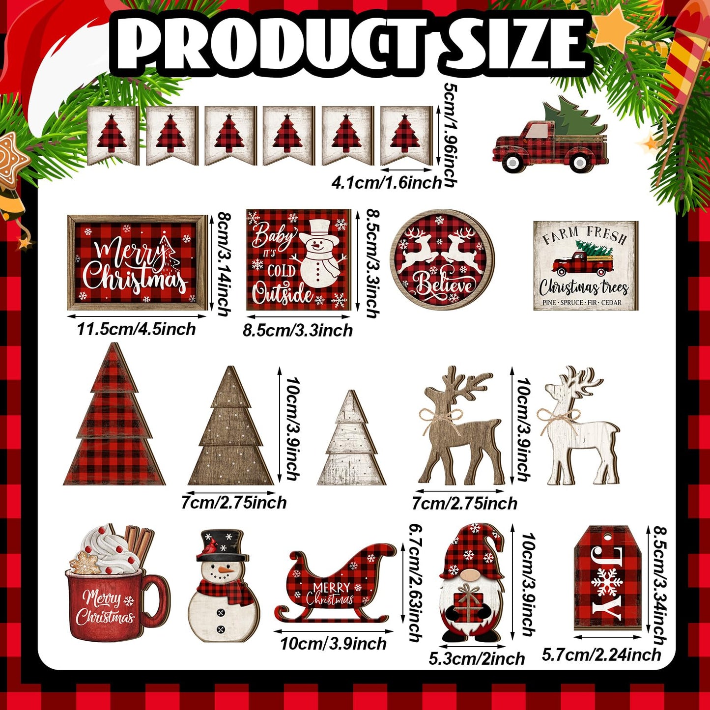 Shellwei 21 Pcs Christmas Tiered Tray Decor Set Wood Rustic Buffalo Plaid Christmas Decoration Winter Farmhouse Decor Xmas Trees Gnome Elk Snowflake Signs for Table Shelf Home Centerpiece (Plaid)